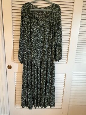 NWT Sonoma Olive Green Floral Tiered Maxi Dress with Tie Neck